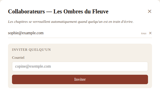 Fenêtre de gestion des collaborateur·rice·s d'un projet, avec invitation par courriel