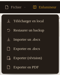 Menu Fichier ouvert, avec les options d'export et d'import