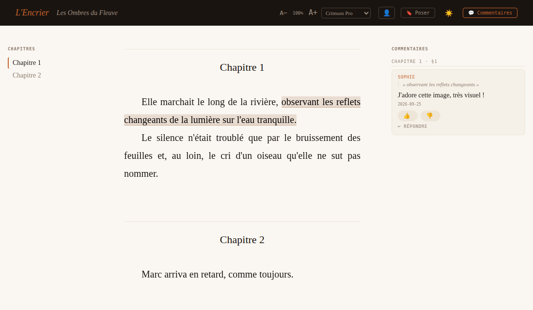 Mode lecture : texte, navigation par chapitres et panneau de commentaires