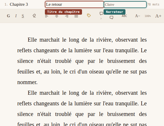 Champs « Titre du chapitre » et « Narrateur » au-dessus du texte, dans l'éditeur